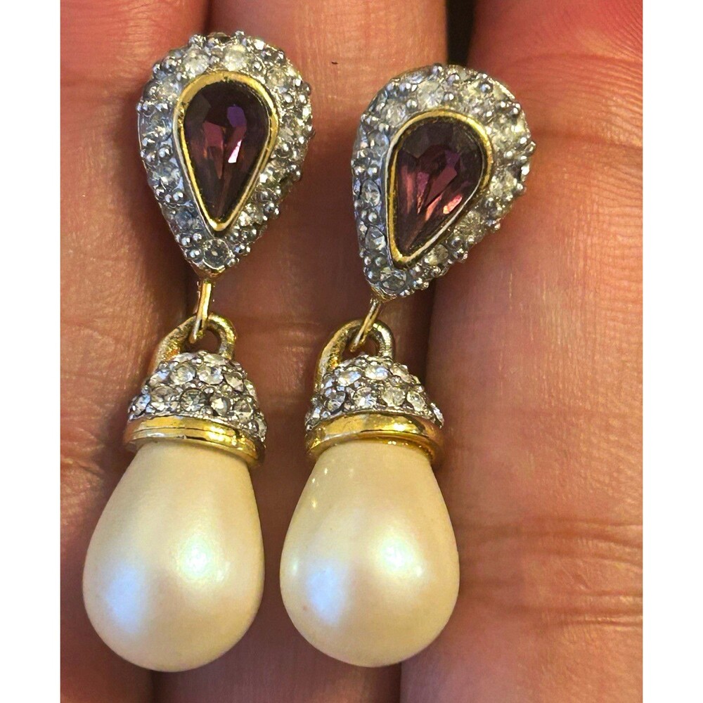 Richelieu Gold Tone Pavé Purple Pear Crystal & Imitation Pearl Drop Earrings